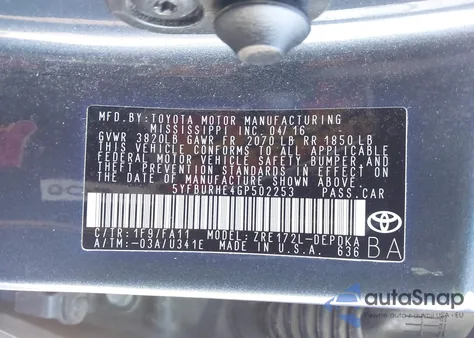 2016 Toyota Corolla L из США, поврежденный, VIN 5YFBURHE4GP502253